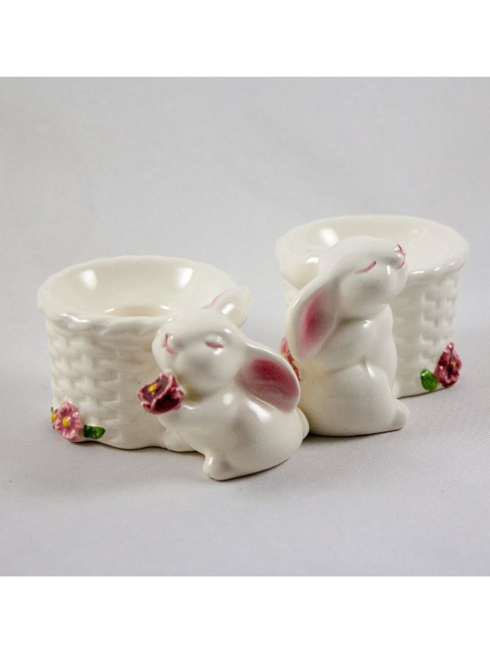 Avon Ceramic Bunny w/Basket Taper Candle Holder Set Vintage 1980's Brazil